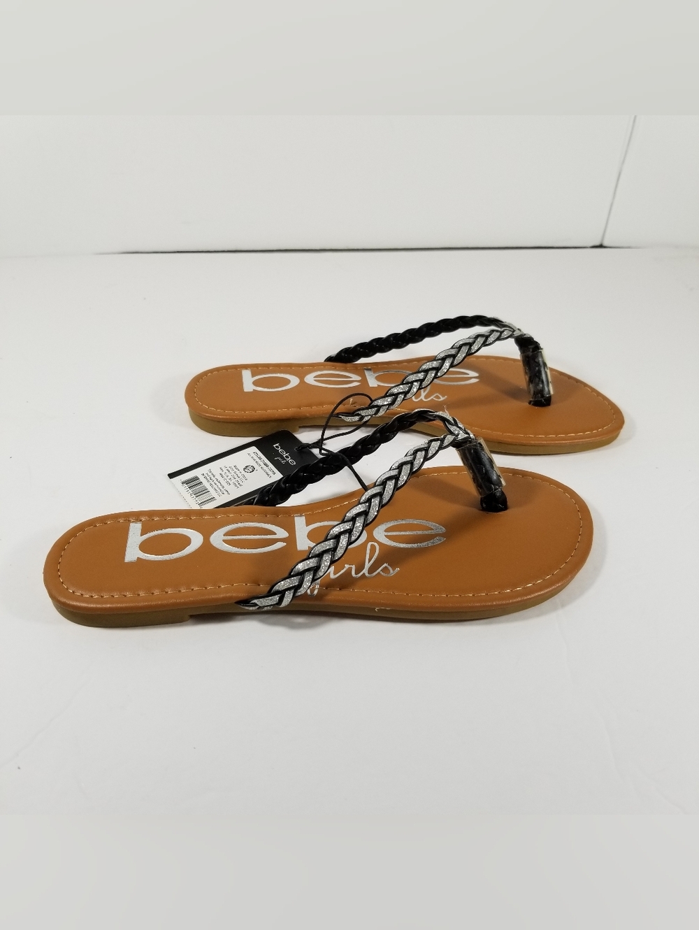 Bebe Girls Braided Glitter Sandals Rhinestone Studded Strap Size XL 4/5 Black